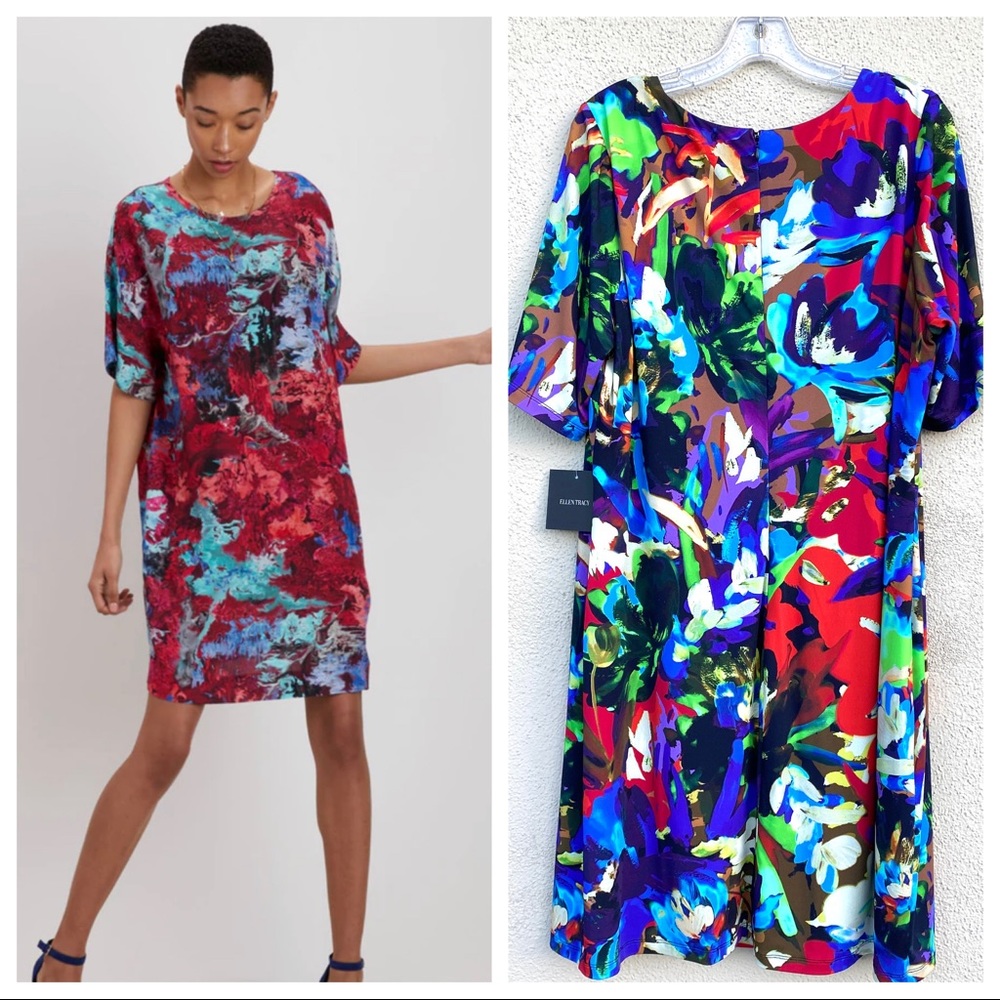 ELLEN TRACY dress floral print shift abstract colorful rainbow plus size 16W NEW